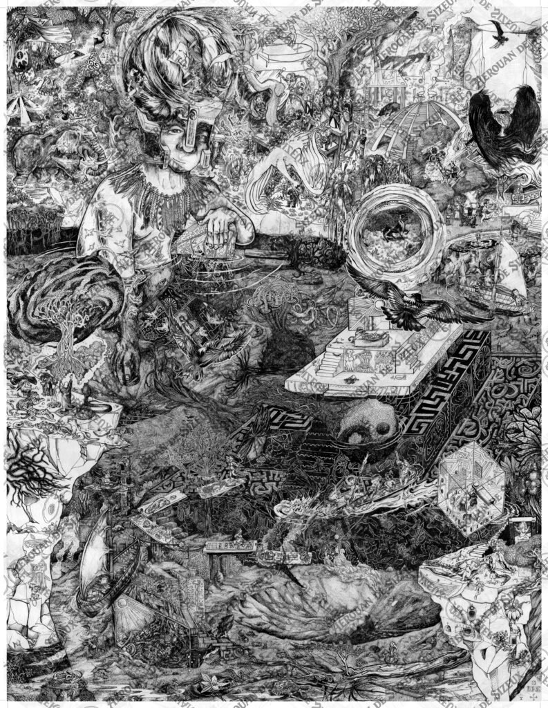 illustration noir et blanc très détaillée représentant un autoportrait symbolique entouré de multiples scènes mêlant nature, figures humaines et univers imaginaire