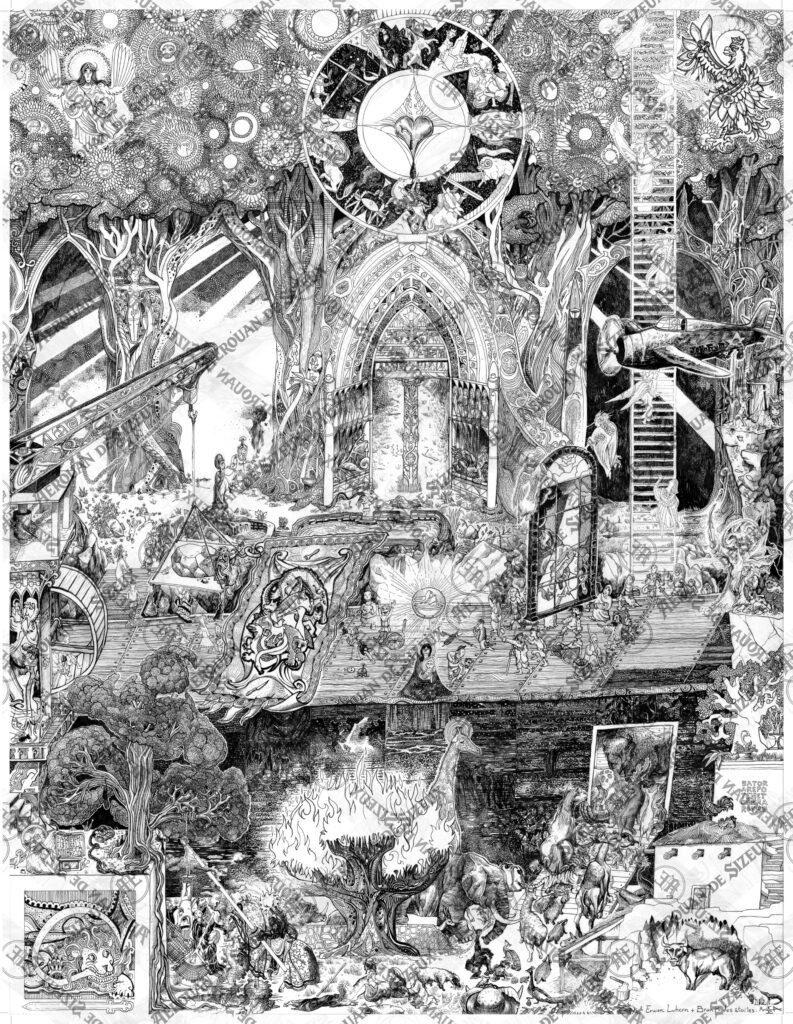 illustration noir et blanc très détaillée représentant une scène symbolique mêlant architecture sacrée, nature et figures humaines dans un univers mystique