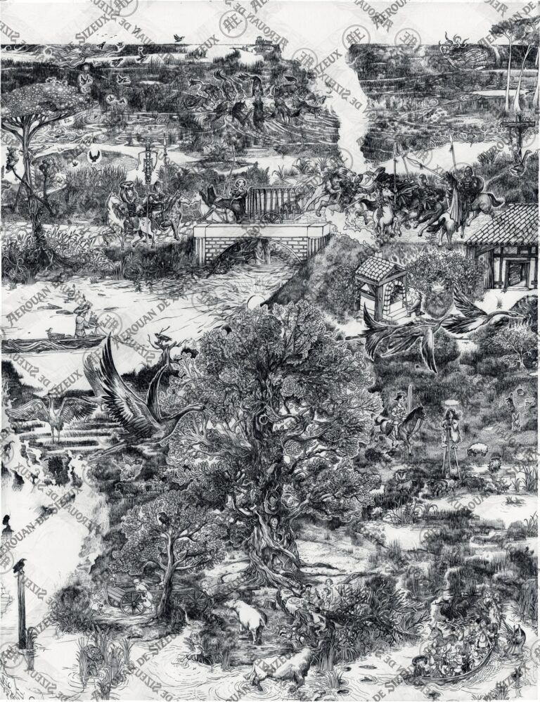 illustration noir et blanc très détaillée représentant un paysage médiéval avec personnages, animaux, rivière et scènes symboliques