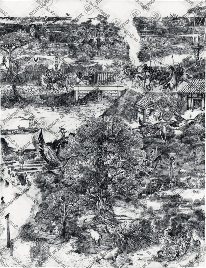 illustration noir et blanc très détaillée représentant un paysage médiéval avec personnages, animaux, rivière et scènes symboliques