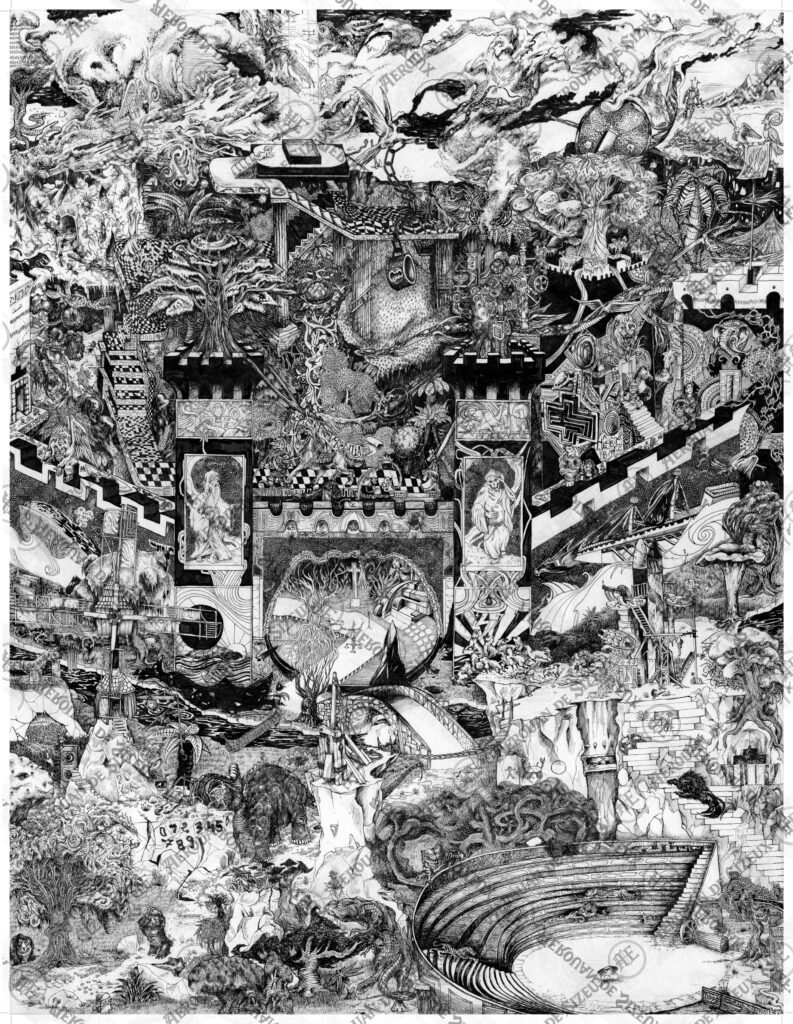 illustration noir et blanc très détaillée représentant un univers symbolique avec architecture, figures humaines, nature et structures complexes