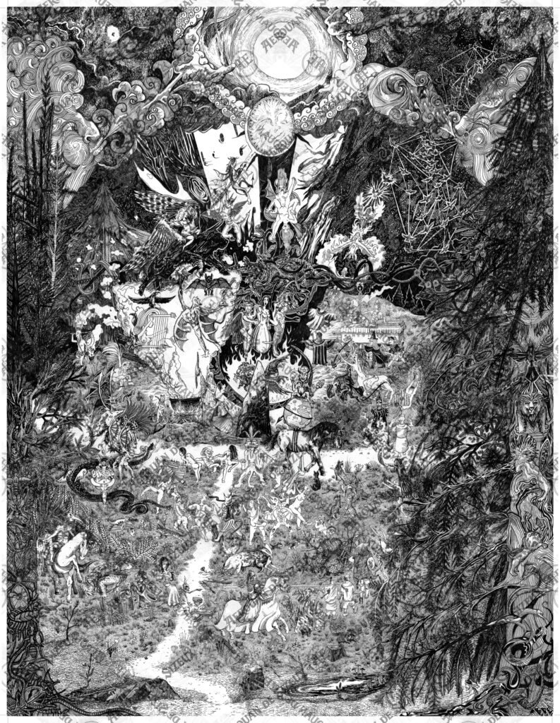 illustration noir et blanc très détaillée montrant une scène symbolique avec figures humaines dansantes, arbre central et éléments cosmiques