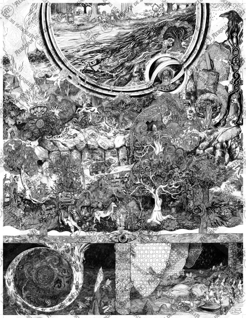 illustration noir et blanc très détaillée représentant une scène symbolique mêlant nature, cosmos et figures humaines dans une composition structurée