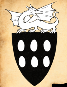 Blason d’Aerouan de Sizeux avec dragon blanc surmontant un écu noir orné de six figures ovales blanches, sur fond de parchemin ancien.
